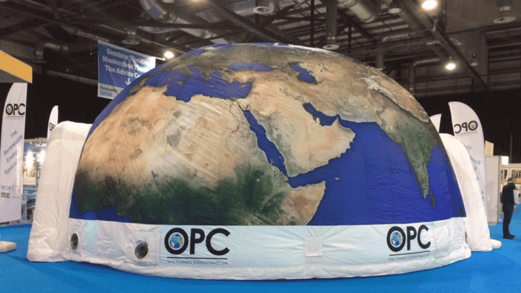 10m inflatable dome with the design of a globe for One Planet Consultants (OPC)