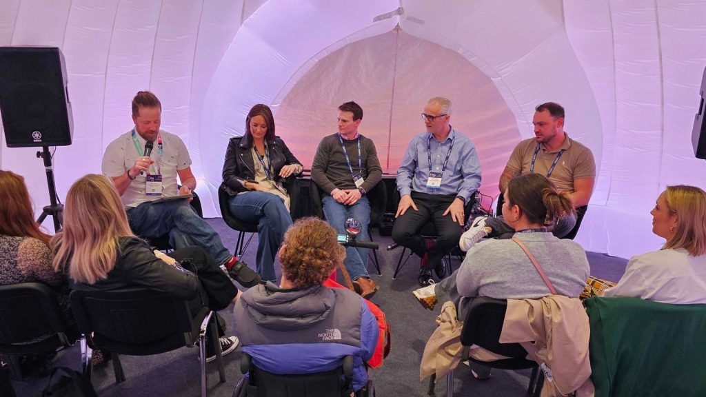 Matt Coyne, Lucy Nicholls, Ash Austin, Chris Hartley and Adam Parry discussing maximising venue space in front of an audience at International Confex 2024