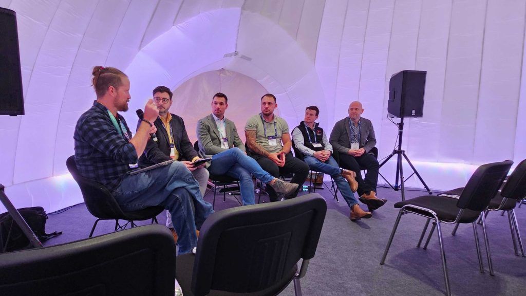 Matt Coyne, Andrew Harrison, Mathys Taekema, Adam Parry, Ash Austin and David Kemp discussing sustainable event supplier practise at International Confex 2024 